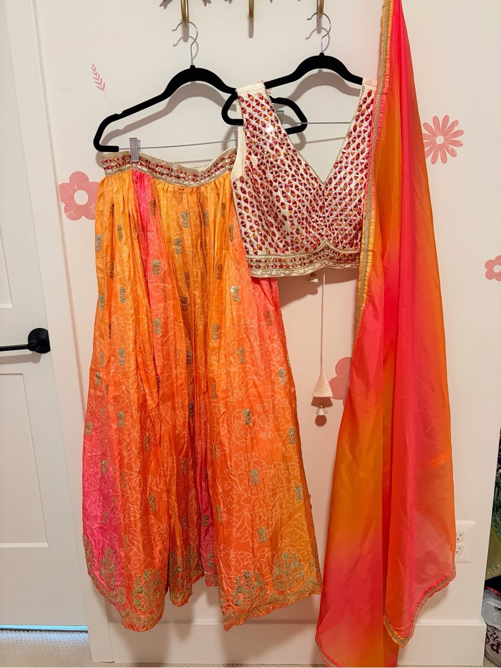 Orange-Pink Embroidered Lehenga with Ivory Sequin Blouse